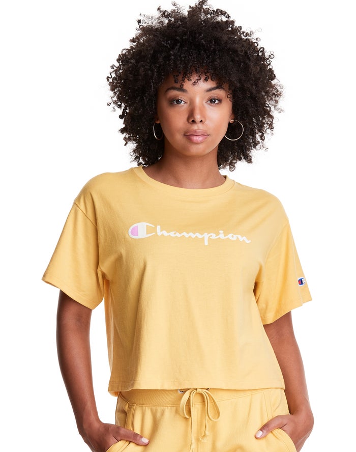 Champion Cropped Script Logo Kadın Tişört Sarı ( IRDBKM063 )